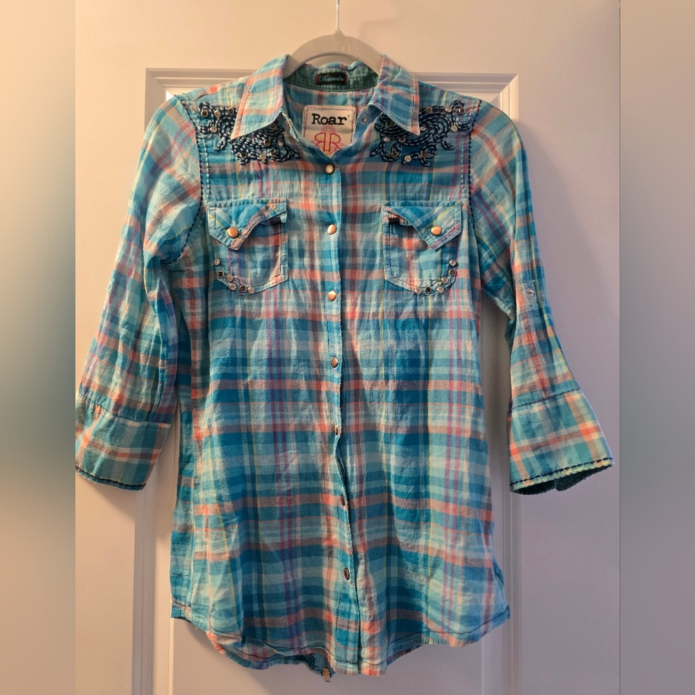 Roar Blue Plaid Button-Up Shirt with Embroidery And Riverts, Size M - Picture 3 of 13